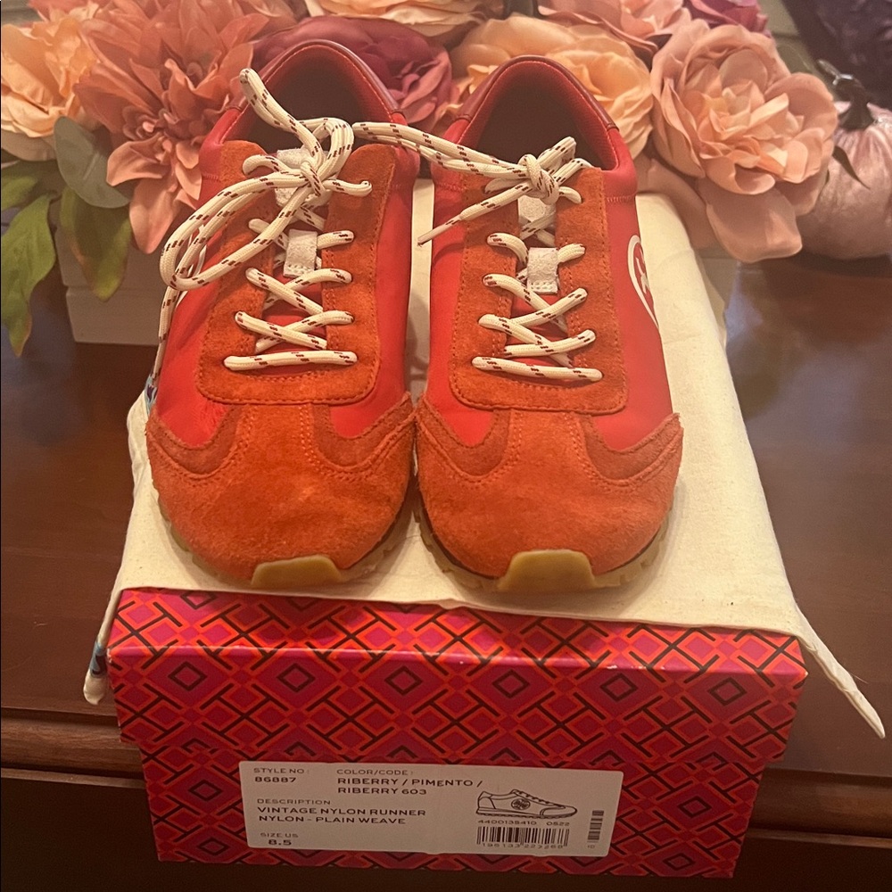 Tory Burch Women's Vintage Nylon Runner sneaker in red suede and nylon. - Picture 2 of 9